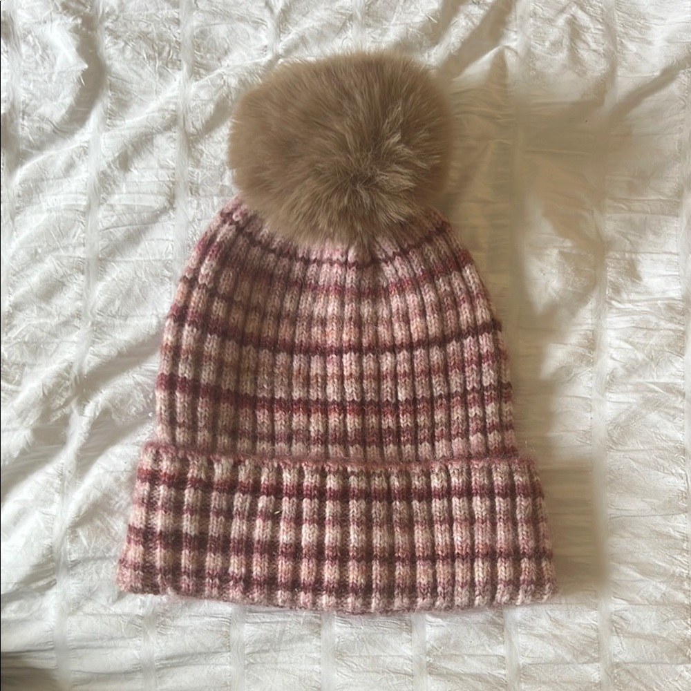 Pink and Brown Knit Beanie with Pom Pom